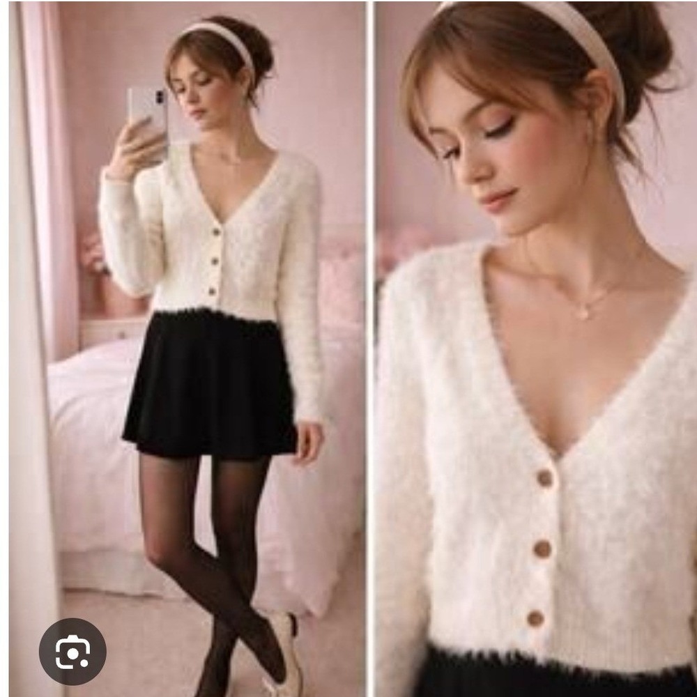 ZARA White Fuzzy Eyelash Knit Cropped Cardigan Diamond Cable V-Neck L designer